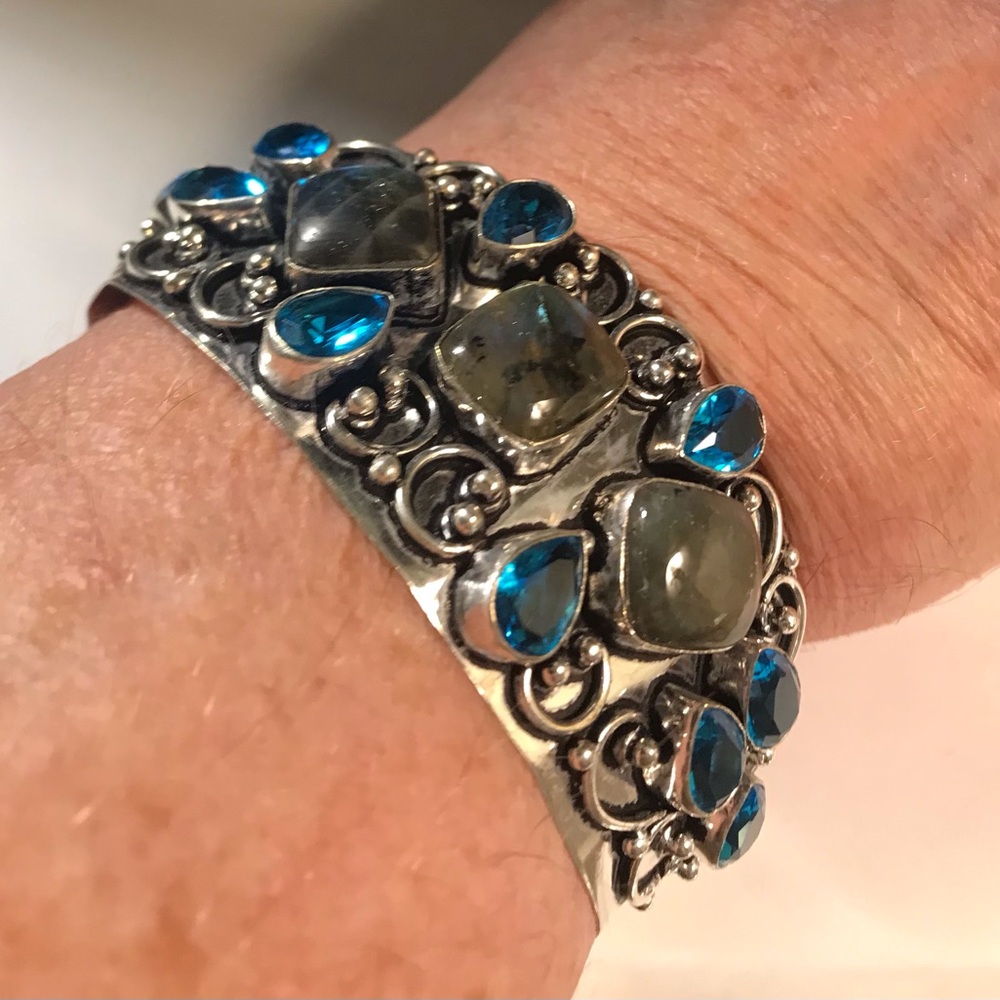 Labradorite Blue Topaz Stamped 925 Sterling Silver Cuff Bracelet